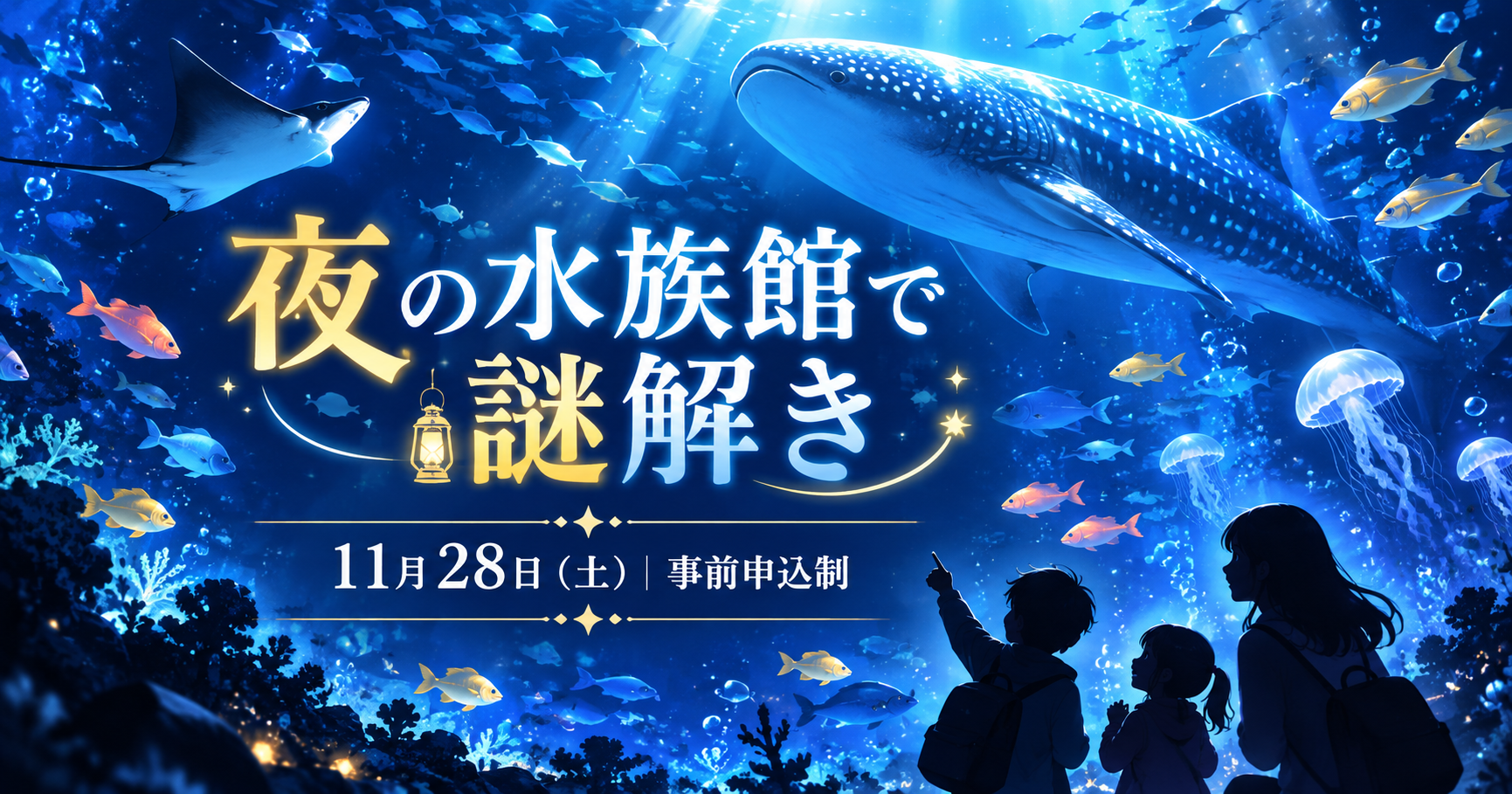 夜の水族館での謎解きイベントをイメージした、魚と水中の光のイラスト