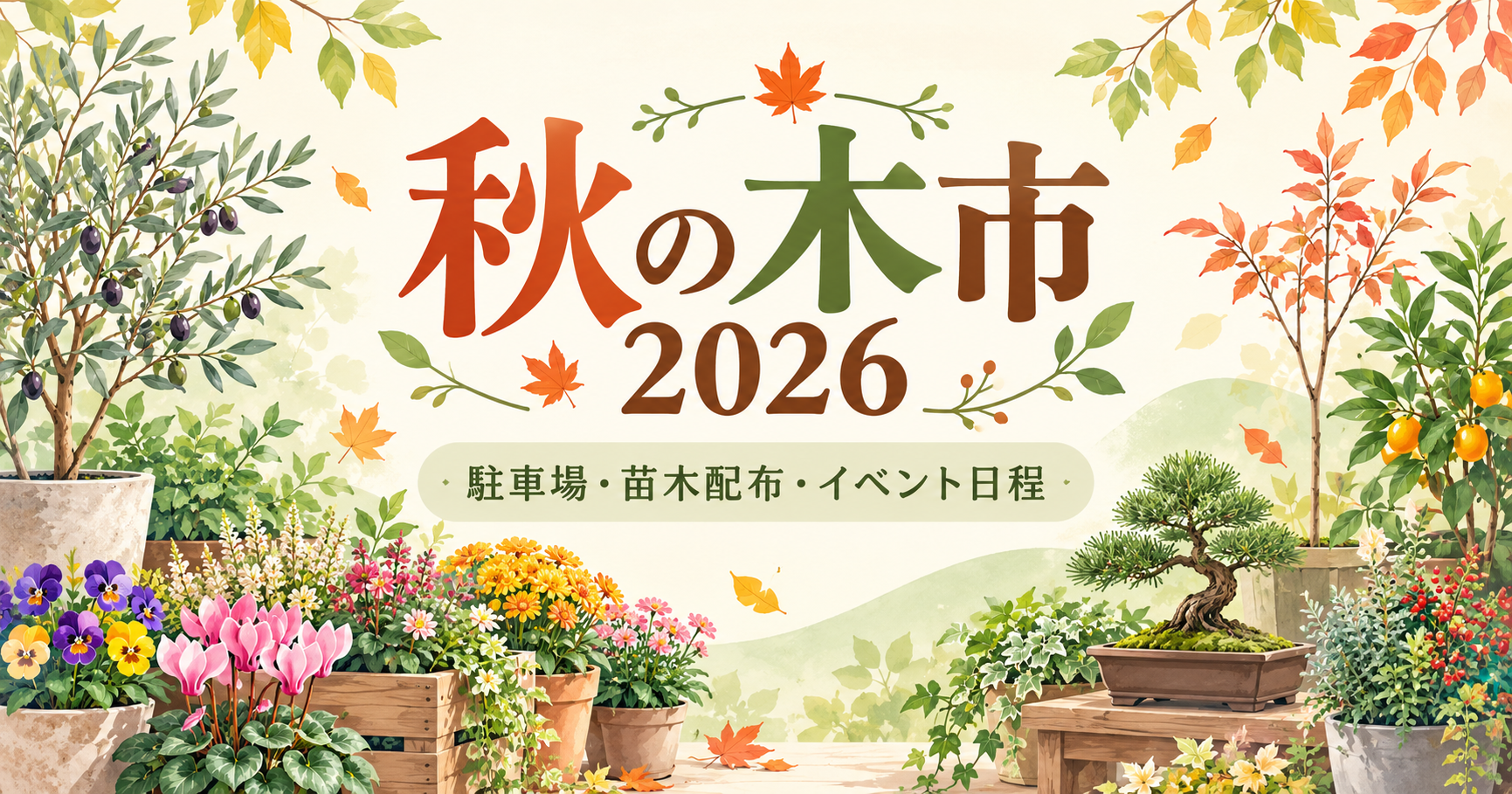 秋の木市2026の案内として、植木や鉢花のイラストと開催ガイドの文字を配置したアイキャッチ画像