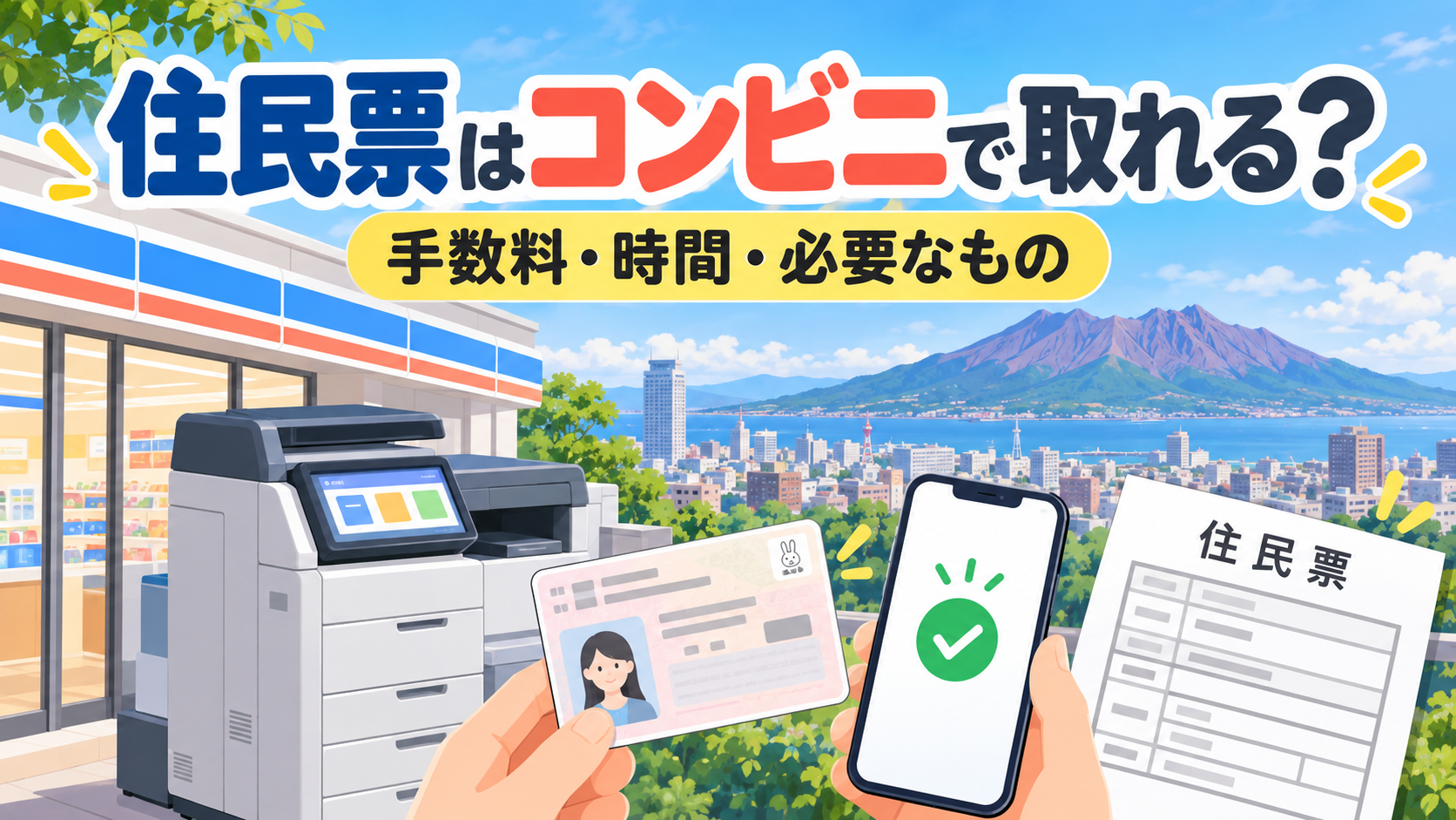 鹿児島市のコンビニ交付で住民票を取得する方法を示したイラスト