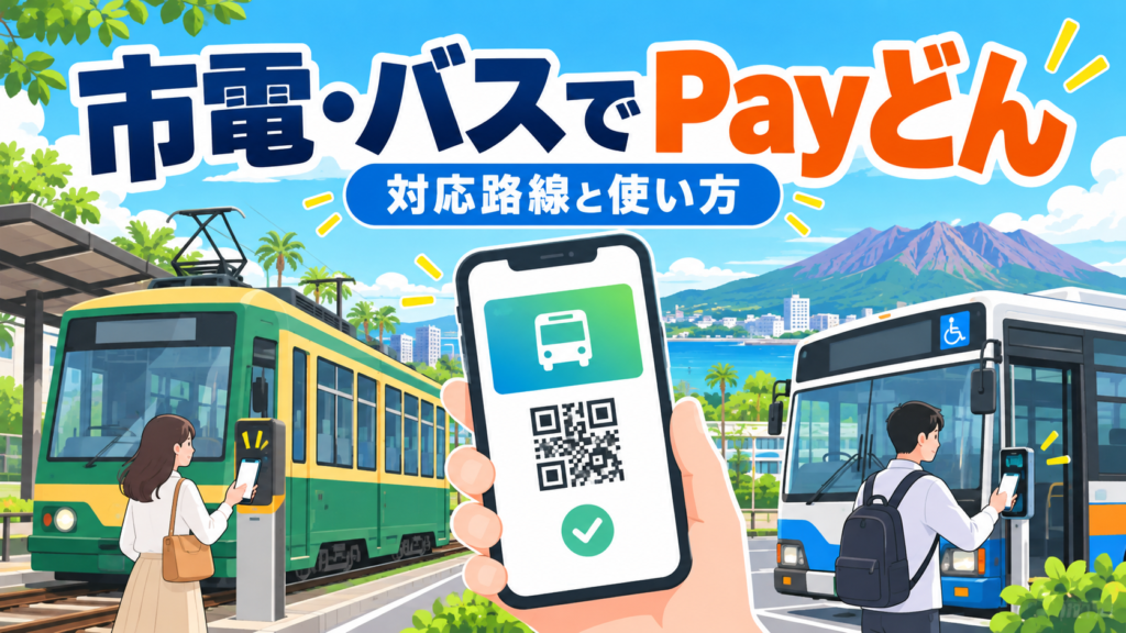 Payどんの交通系決済と鹿児島市電・路線バスをイメージしたイラスト