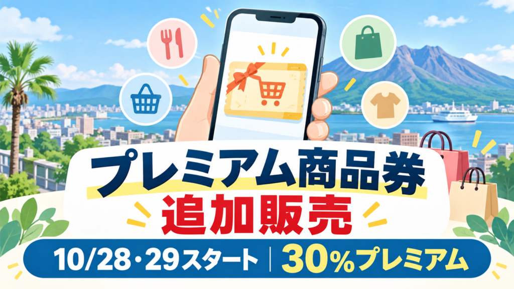 鹿児島市のプレミアム付商品券追加販売をイメージしたスマートフォンと買い物のイラスト