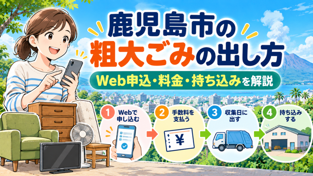 鹿児島市の粗大ごみの出し方をWeb申込・手数料・収集・持ち込みの流れで示したイラスト