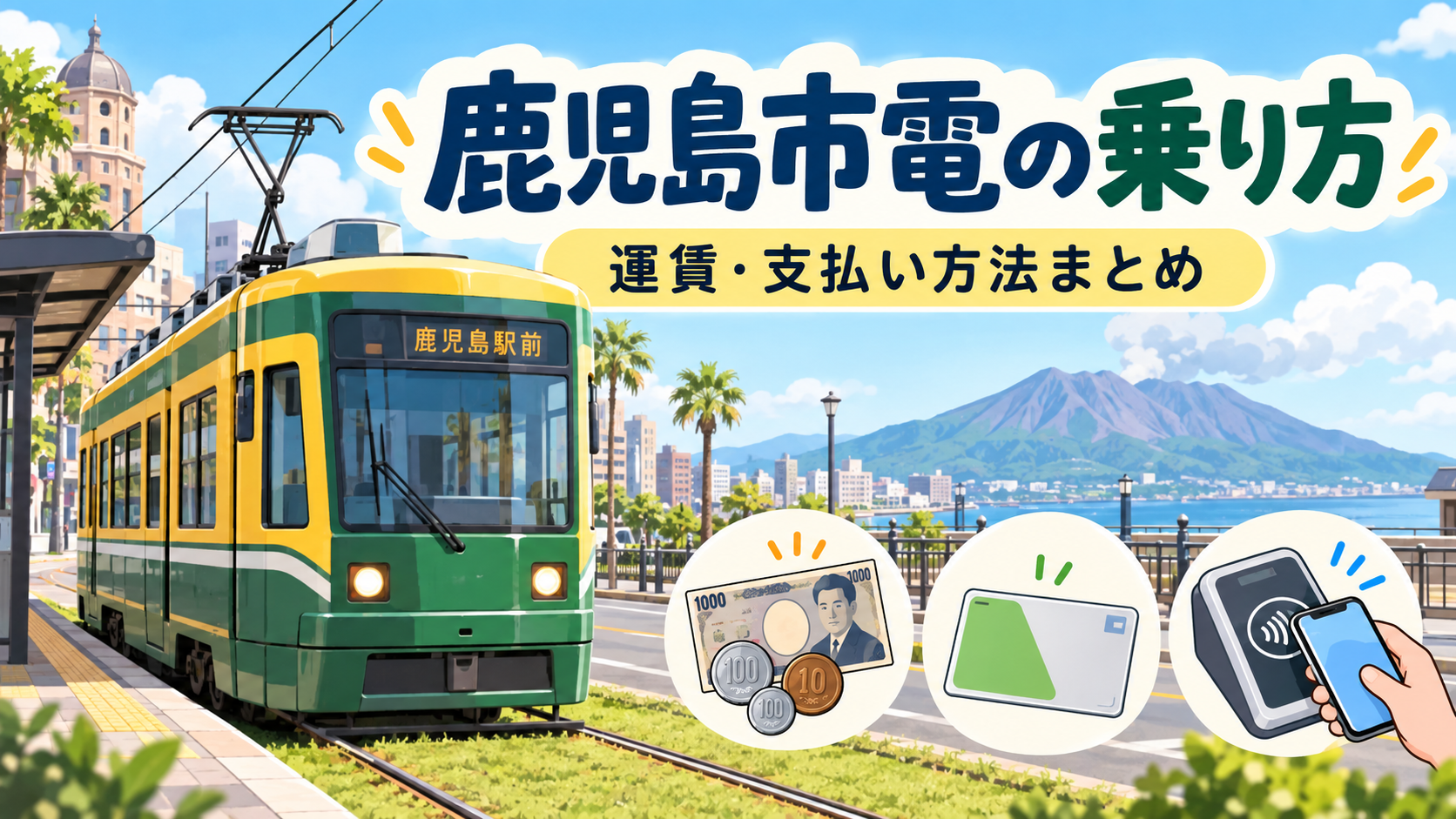 鹿児島市電の乗り方と現金・ICカード・タッチ決済をイメージしたイラスト