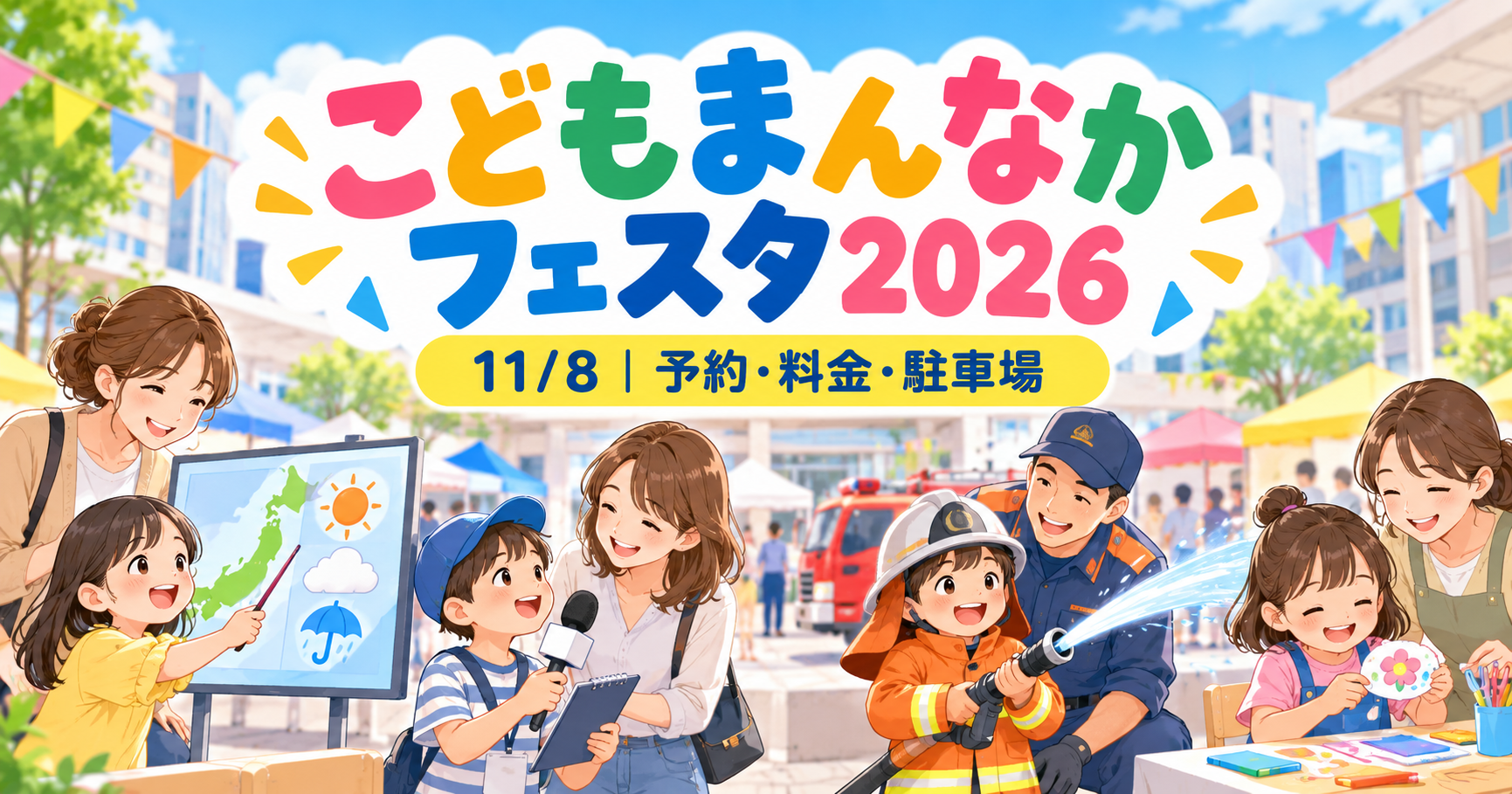 こどもまんなかフェスタ2026の親子向け体験をイメージしたイラスト