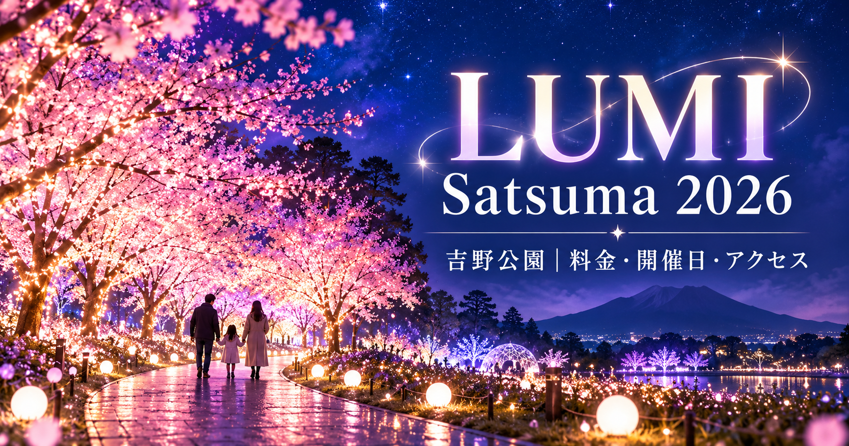 桜色の光に包まれた並木と家族のシルエットで、吉野公園の冬のイルミネーションをイメージしたイラスト