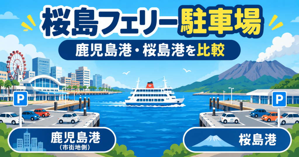 桜島フェリーの鹿児島港側と桜島港側の駐車場を比較するイメージイラスト