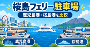 桜島フェリーの鹿児島港側と桜島港側の駐車場を比較するイメージイラスト