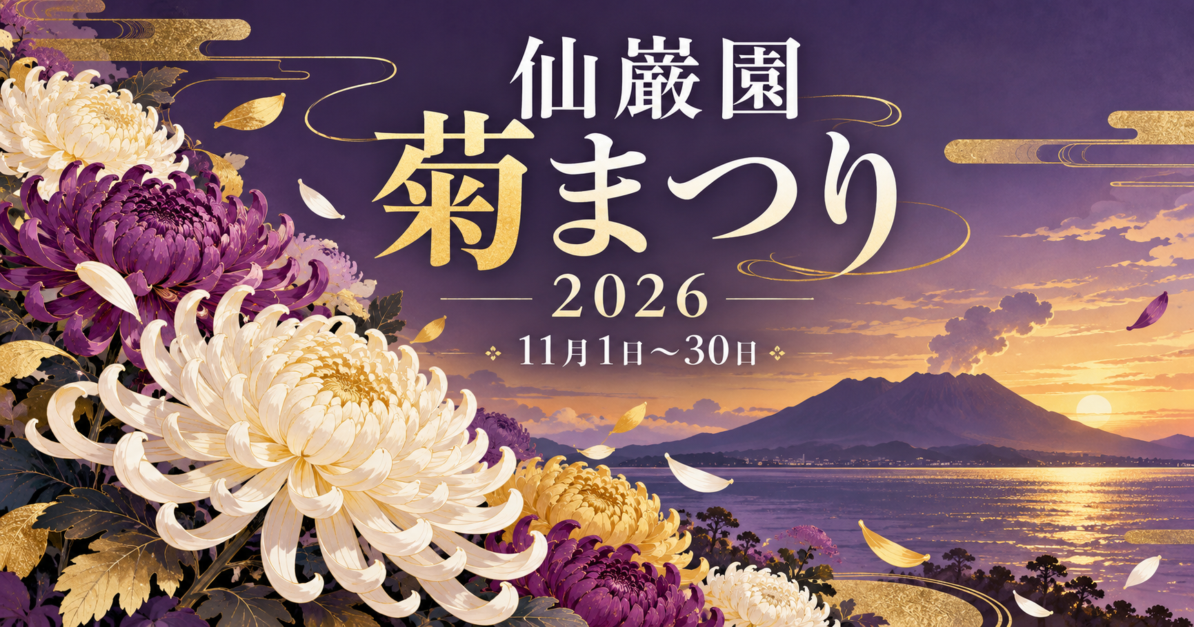 菊の花と桜島をイメージした背景に、仙巌園菊まつり2026の開催案内を配置したイラスト